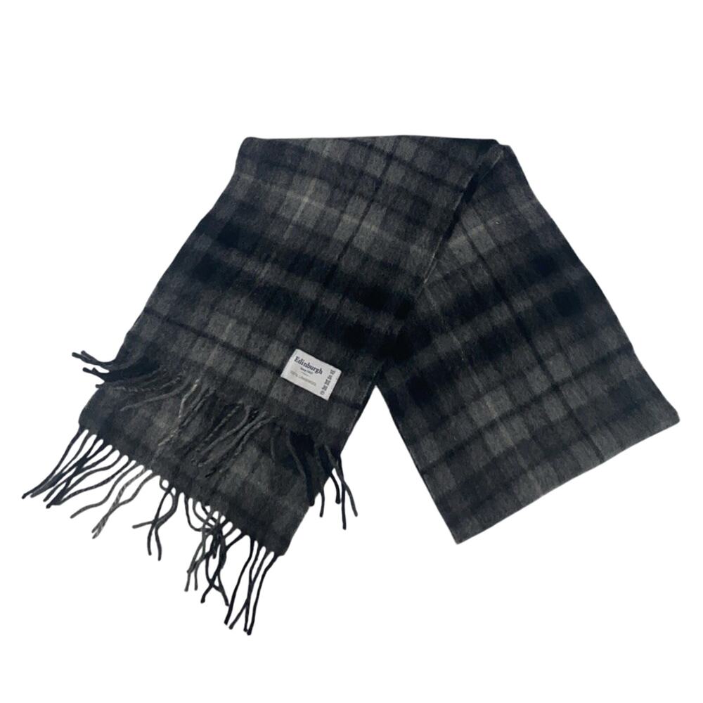 Edinburgh 100% Lambswool Scarf Gray Plaid Fringe Unisex Preppy Acadamia 62X9.5”
